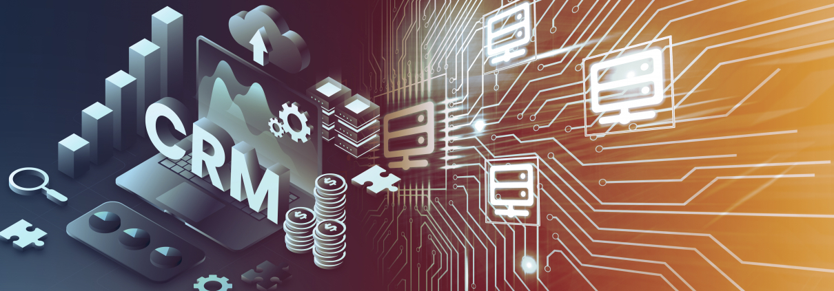 CRM Konzept mit digitalen Icons für Kundenbeziehungsmanagement und Datenintegration