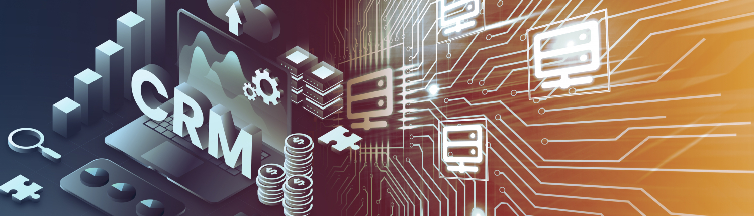 CRM Konzept mit digitalen Icons für Kundenbeziehungsmanagement und Datenintegration